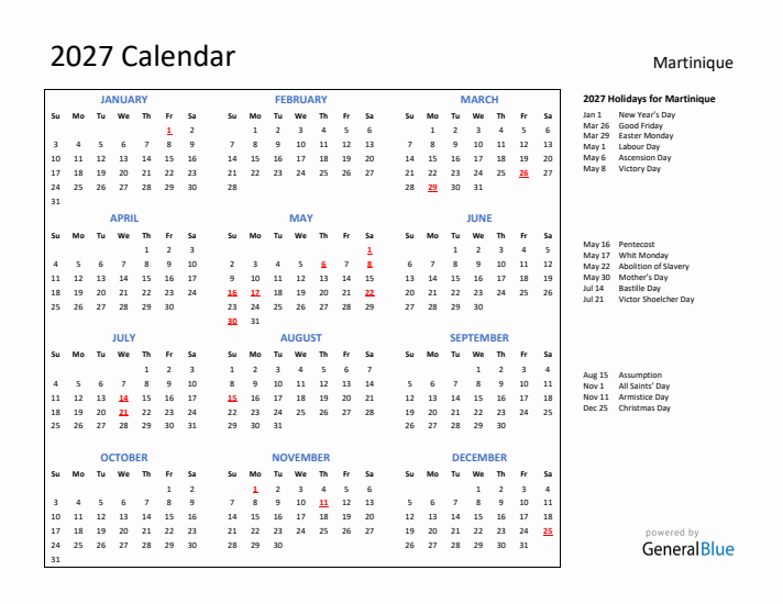 2027 Calendar with Holidays for Martinique