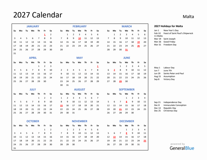 2027 Calendar with Holidays for Malta
