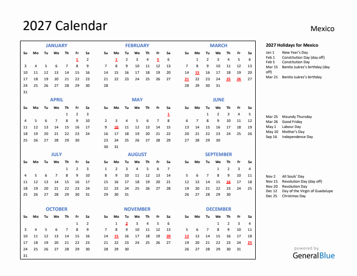 2027 Calendar with Holidays for Mexico