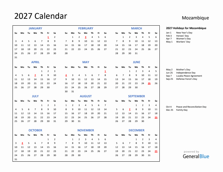 2027 Calendar with Holidays for Mozambique