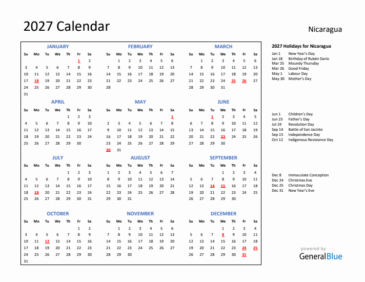 2027 Calendar with Holidays for Nicaragua
