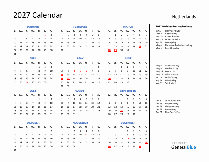 2027 Calendar with Holidays for The Netherlands