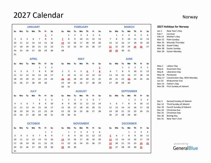 2027 Calendar with Holidays for Norway