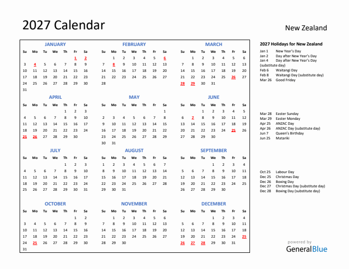 2027 Calendar with Holidays for New Zealand