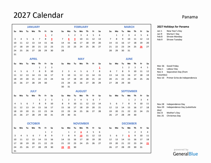 2027 Calendar with Holidays for Panama