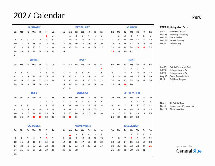 2027 Calendar with Holidays for Peru
