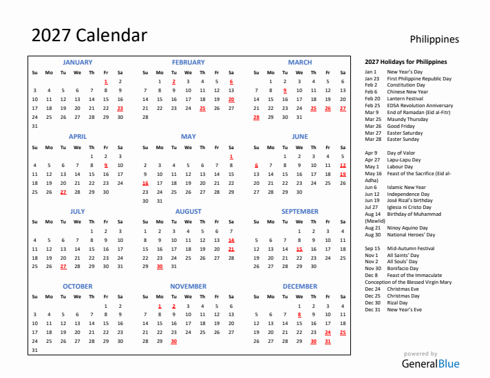 2027 Calendar with Holidays for Philippines