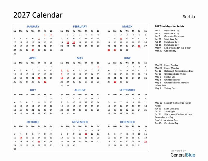 2027 Calendar with Holidays for Serbia