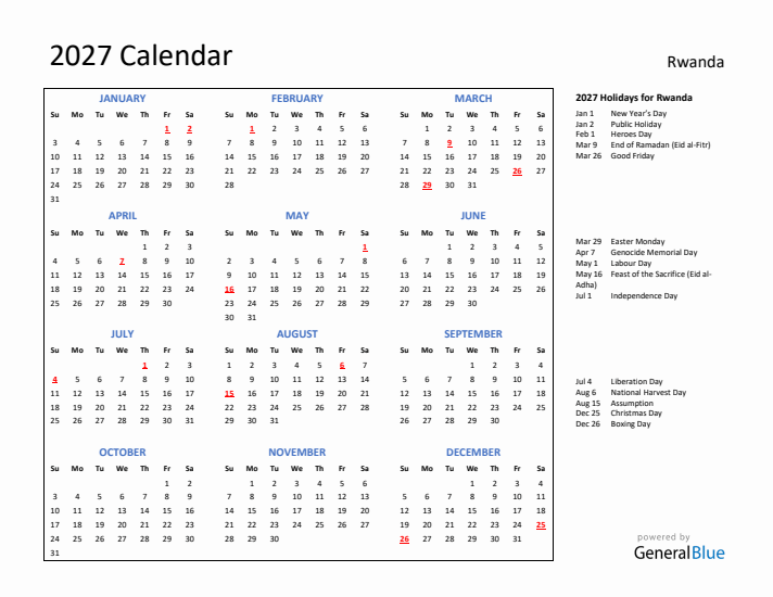 2027 Calendar with Holidays for Rwanda