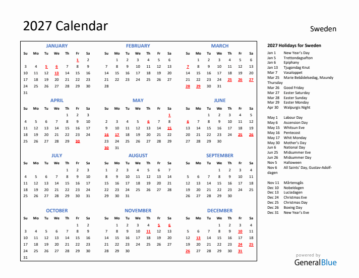 2027 Calendar with Holidays for Sweden