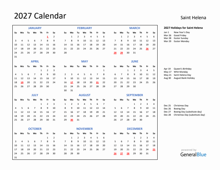 2027 Calendar with Holidays for Saint Helena