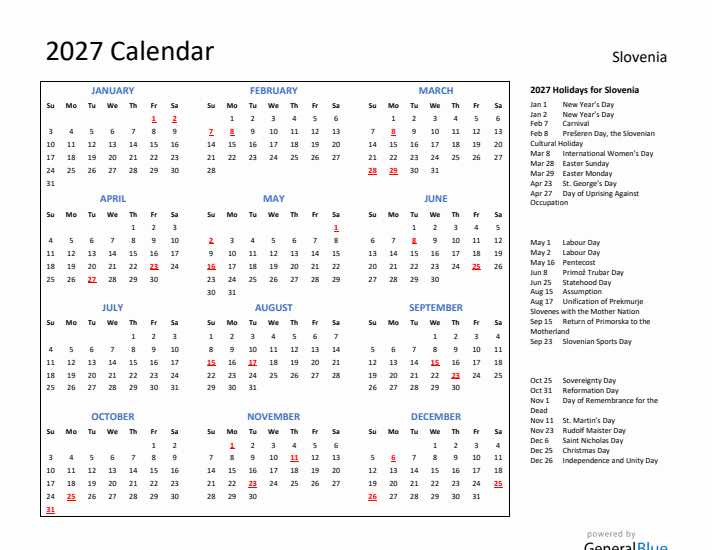 2027 Calendar with Holidays for Slovenia