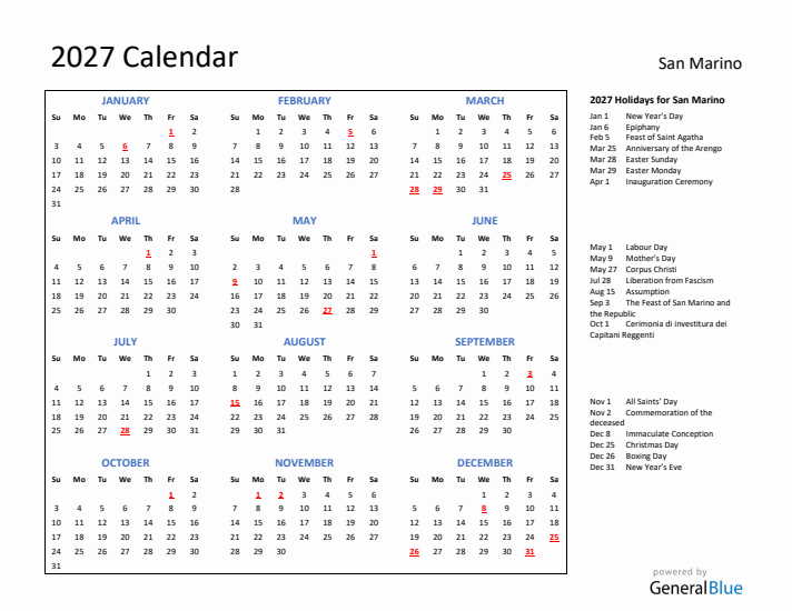 2027 Calendar with Holidays for San Marino