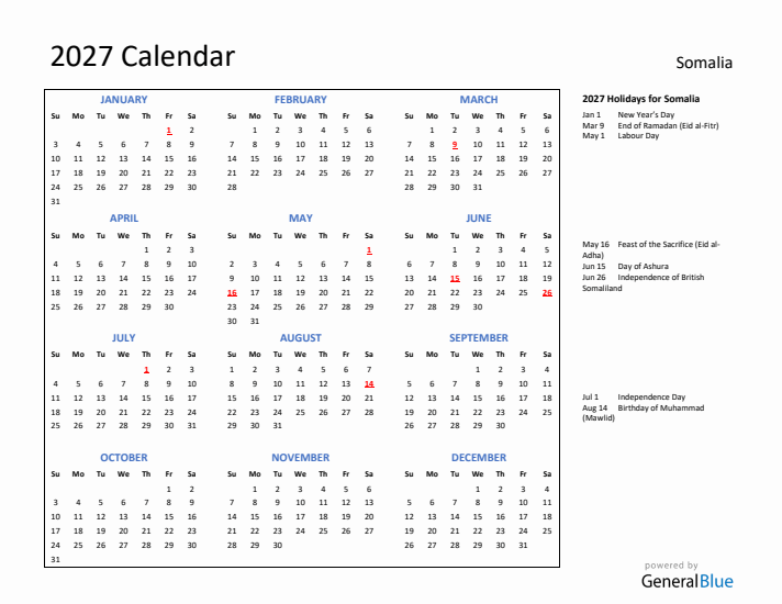 2027 Calendar with Holidays for Somalia
