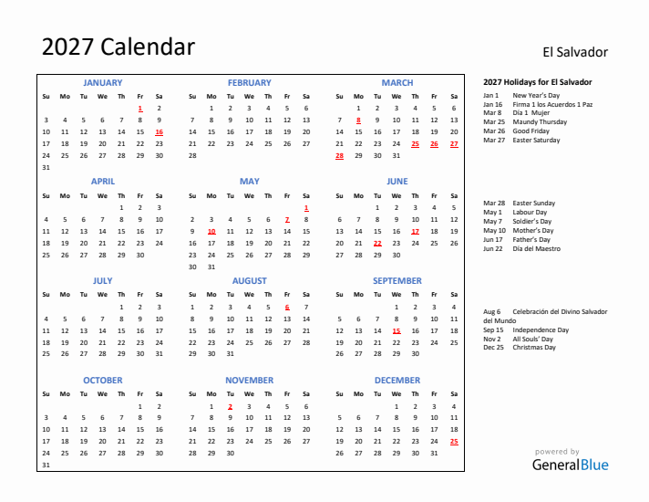 2027 Calendar with Holidays for El Salvador