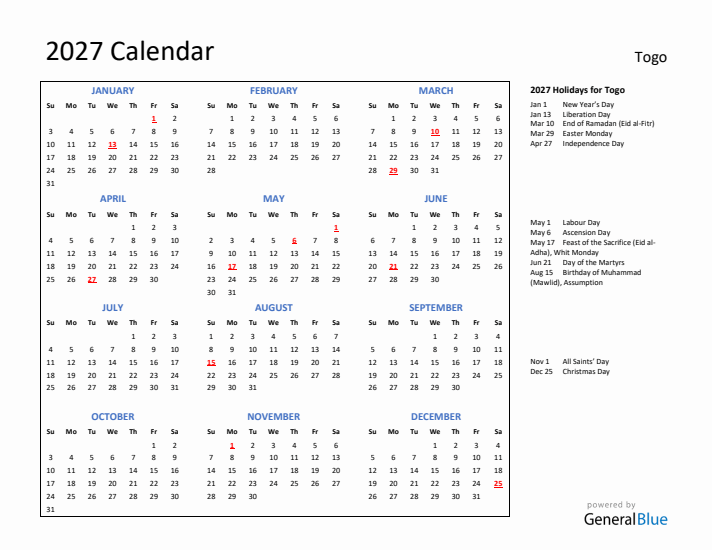 2027 Calendar with Holidays for Togo
