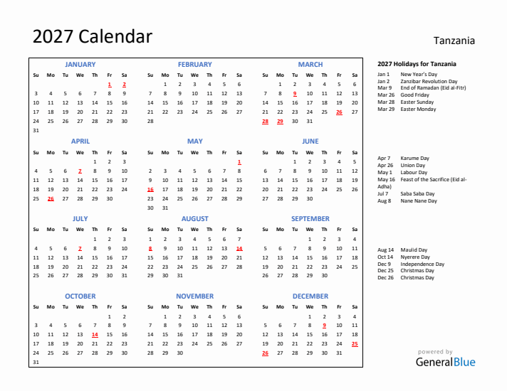 2027 Calendar with Holidays for Tanzania