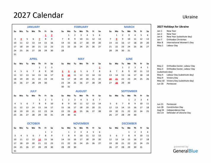 2027 Calendar with Holidays for Ukraine
