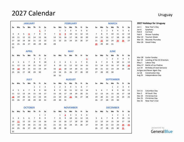 2027 Calendar with Holidays for Uruguay