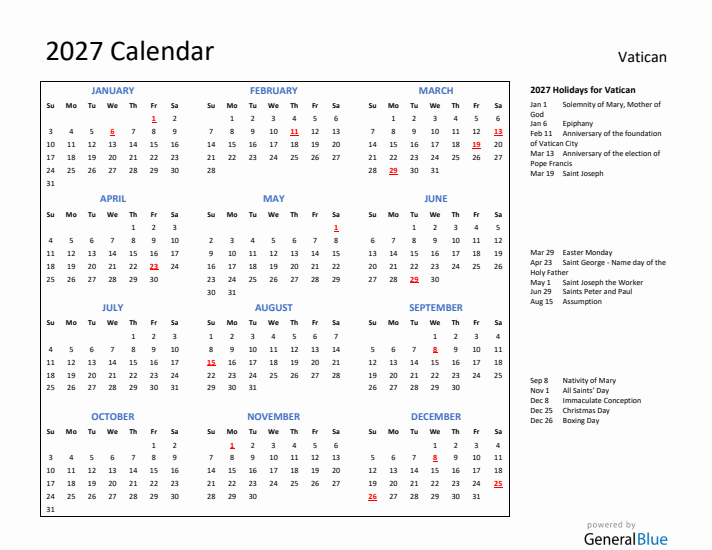 2027 Calendar with Holidays for Vatican