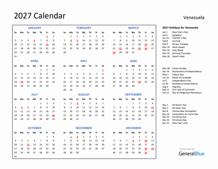 2027 Calendar with Holidays for Venezuela