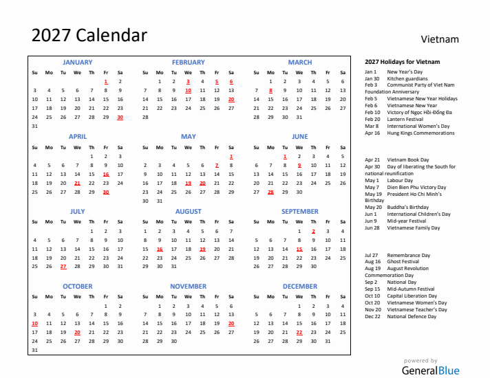 2027 Calendar with Holidays for Vietnam
