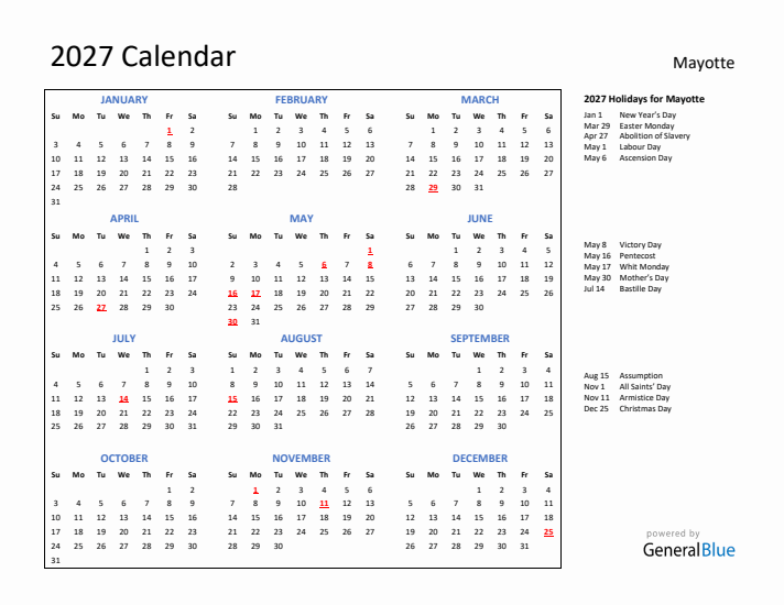 2027 Calendar with Holidays for Mayotte