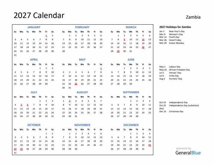2027 Calendar with Holidays for Zambia