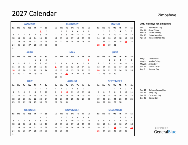 2027 Calendar with Holidays for Zimbabwe