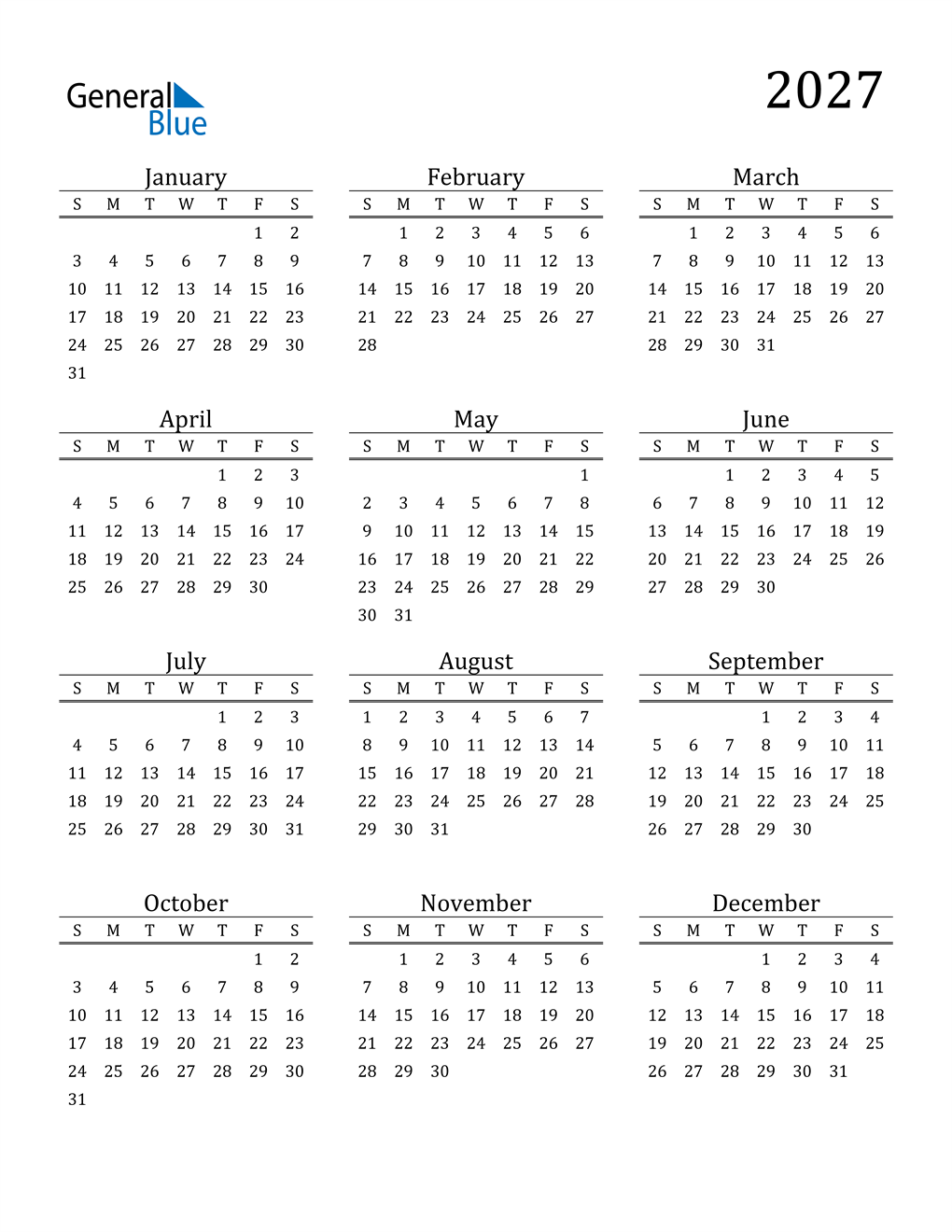 2027 Calendar PDF Word Excel 