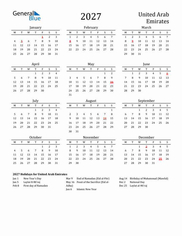 United Arab Emirates Holidays Calendar for 2027