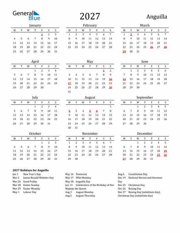 Anguilla Holidays Calendar for 2027