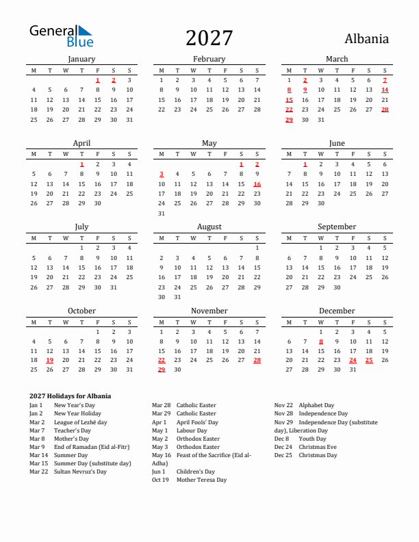 Albania Holidays Calendar for 2027