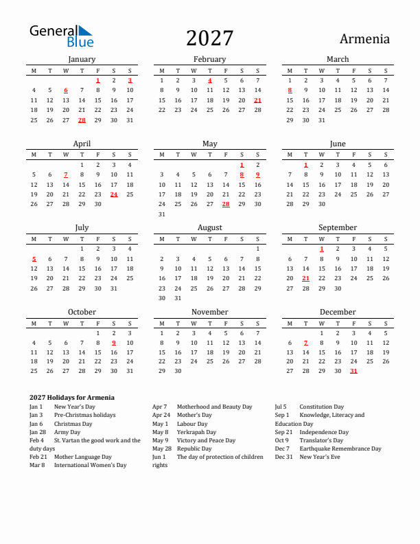 Armenia Holidays Calendar for 2027