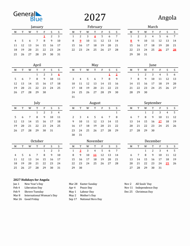 Angola Holidays Calendar for 2027
