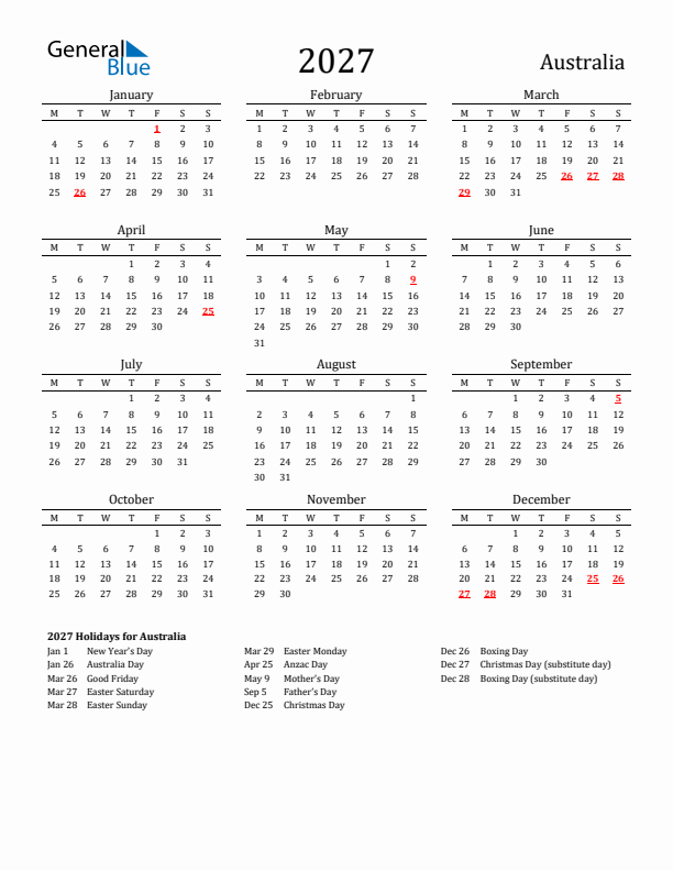 Australia Holidays Calendar for 2027
