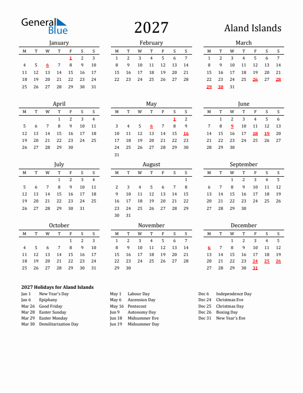 Aland Islands Holidays Calendar for 2027