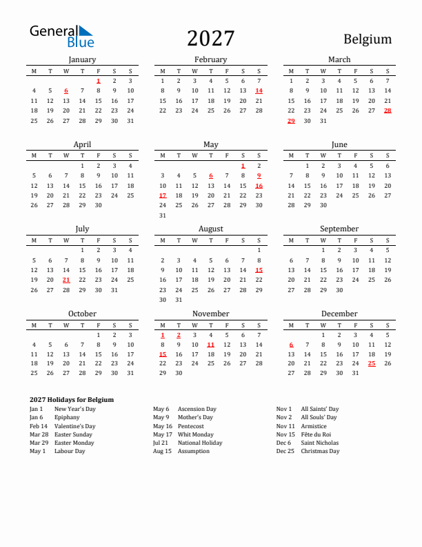 Belgium Holidays Calendar for 2027