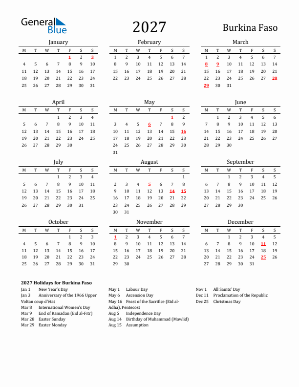 Burkina Faso Holidays Calendar for 2027