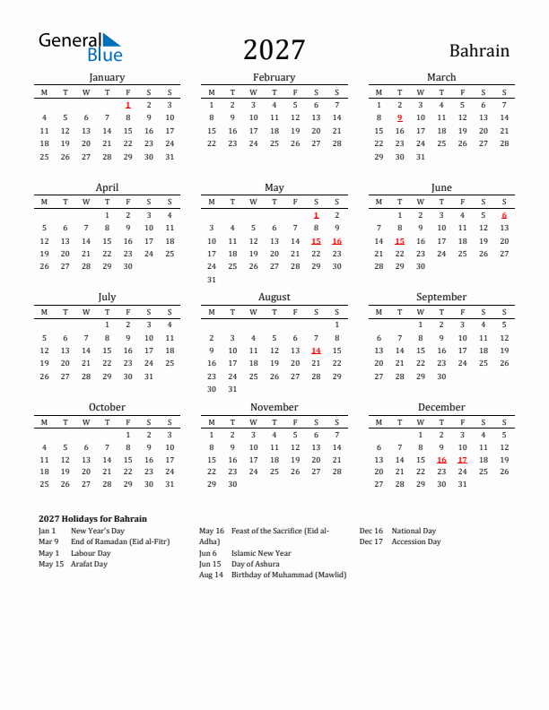 Bahrain Holidays Calendar for 2027