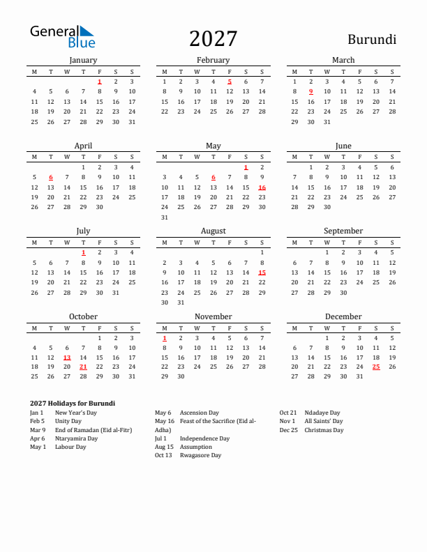 Burundi Holidays Calendar for 2027