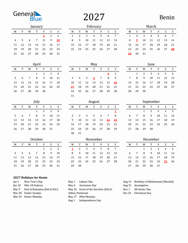 Benin Holidays Calendar for 2027