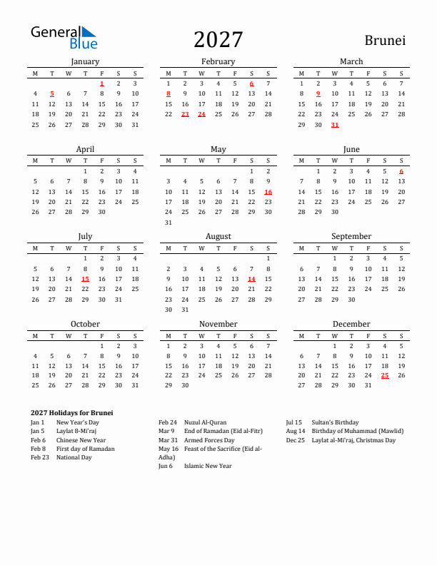 Brunei Holidays Calendar for 2027