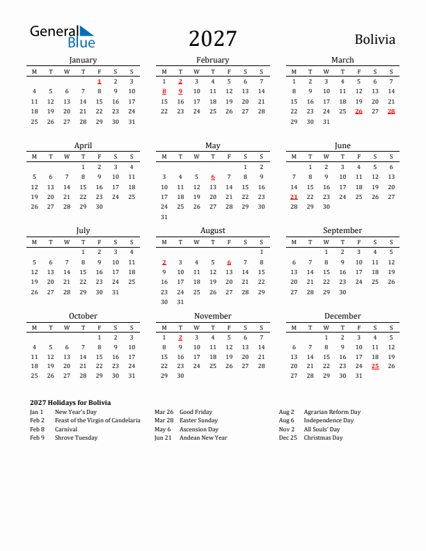 Bolivia Holidays Calendar for 2027