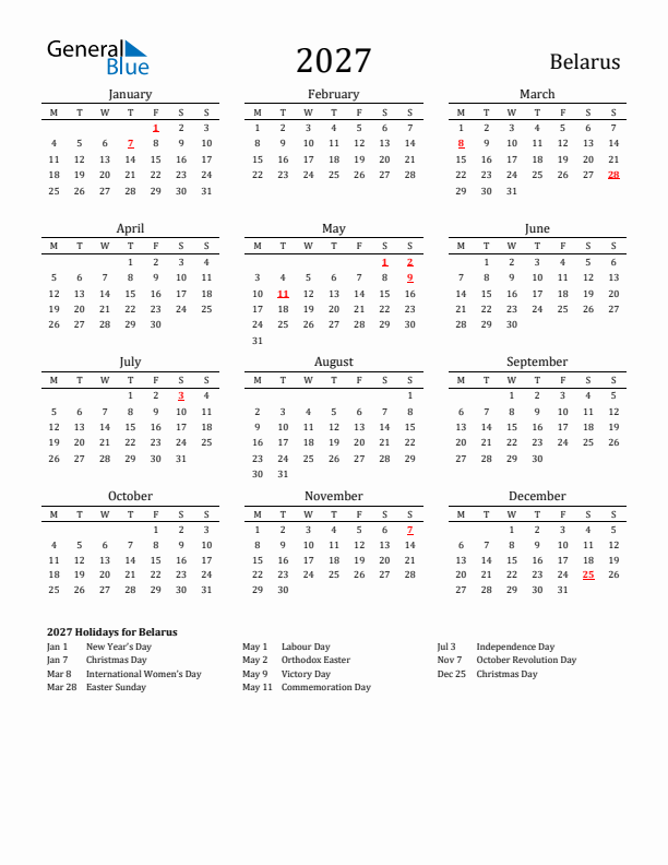Belarus Holidays Calendar for 2027