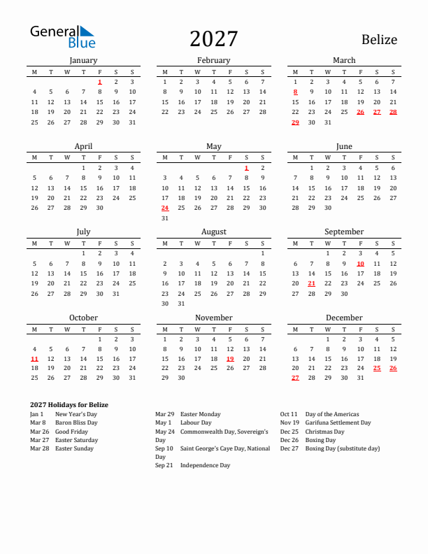 Belize Holidays Calendar for 2027