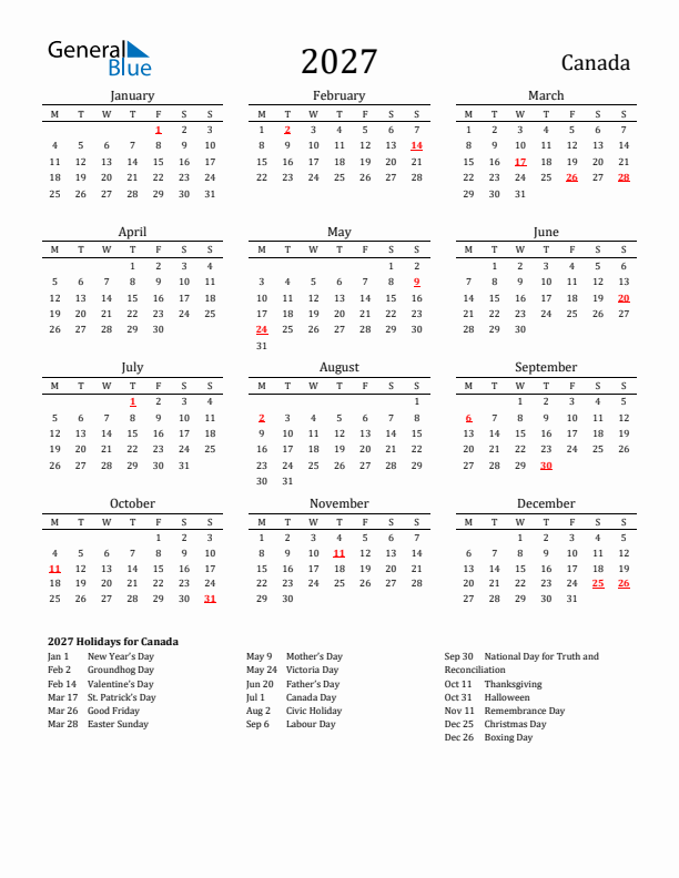 Canada Holidays Calendar for 2027