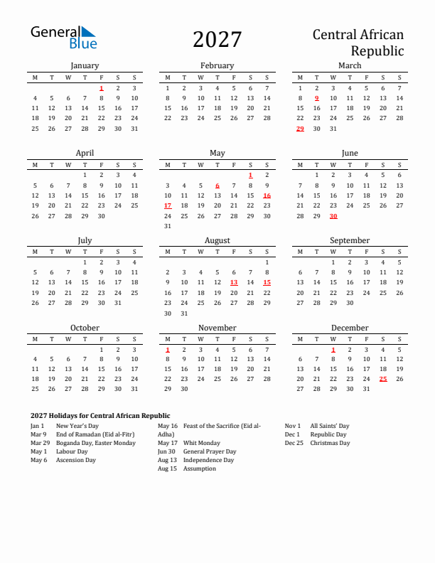 Central African Republic Holidays Calendar for 2027