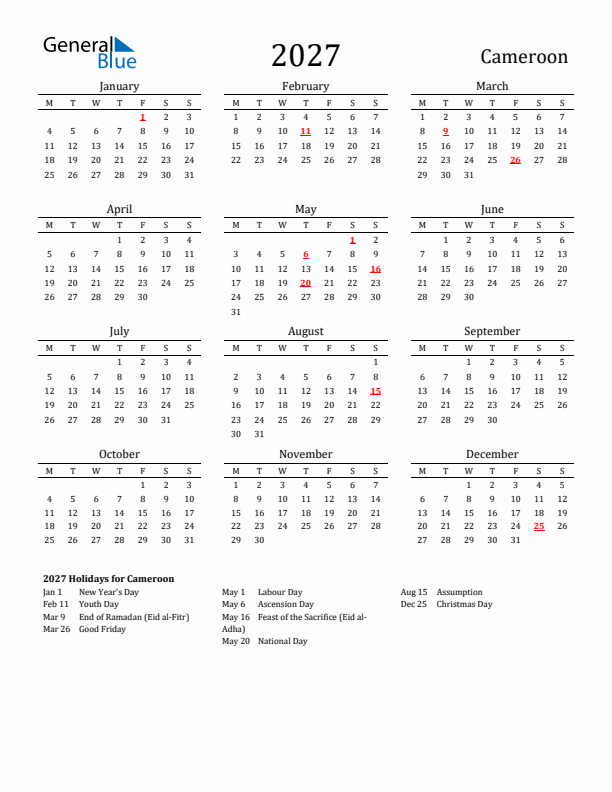 Cameroon Holidays Calendar for 2027