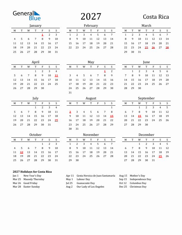 Costa Rica Holidays Calendar for 2027